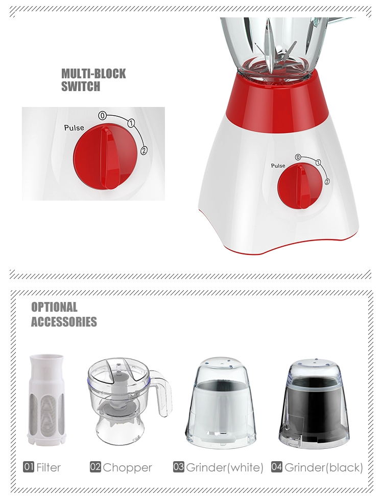 Diagram of blender switch settings and optional accessories
