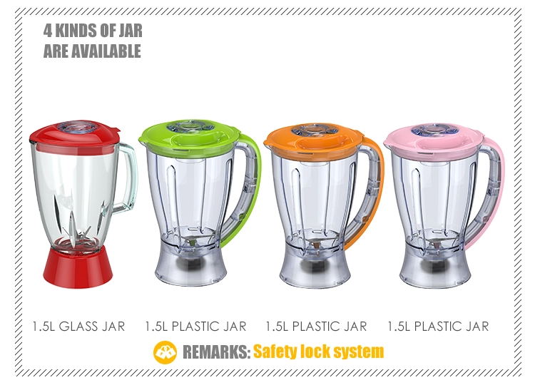 Blender unit showing different jar options and safety lock system