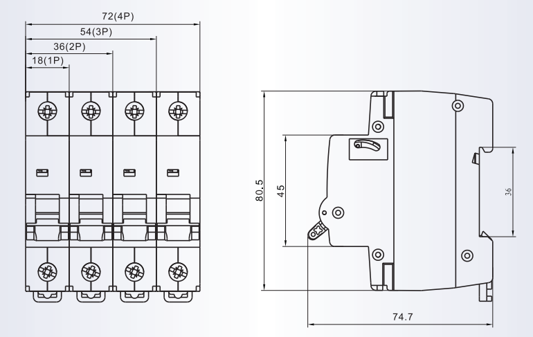 Technical dimension drawing showing 1P, 2P, 3P, and 4P configuration measurements.