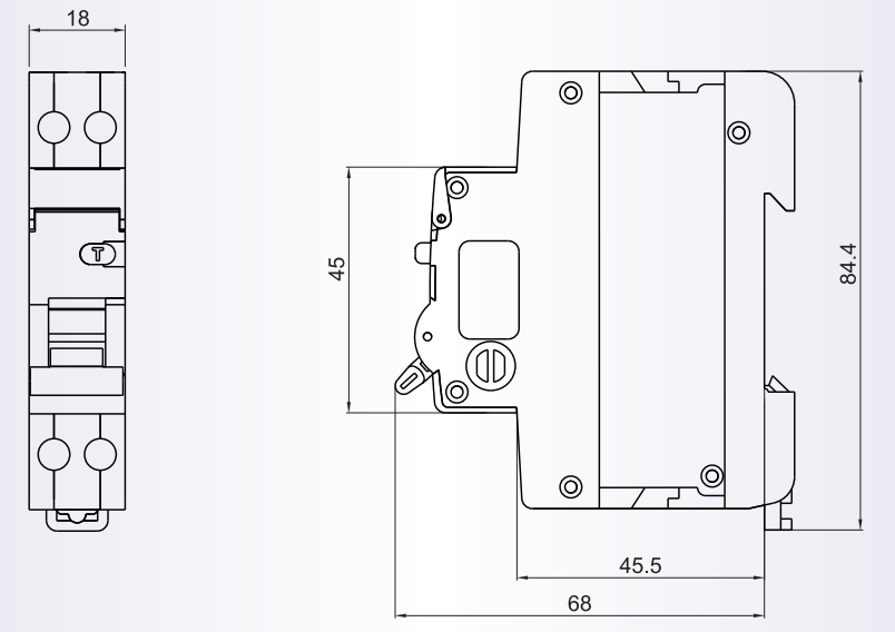 Technical diagram showing dimensions of the RCBO