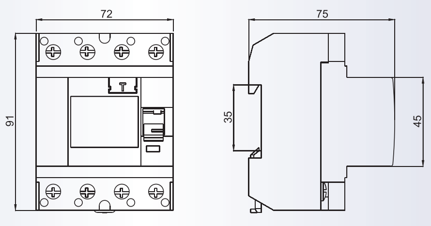 Technical diagram showing the physical dimensions of the circuit breaker