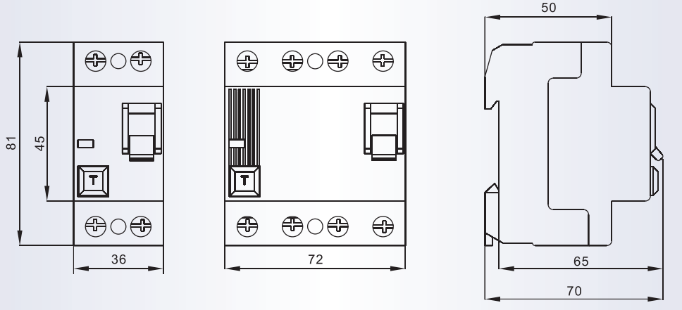 Dimensional drawing of the residual current circuit breaker