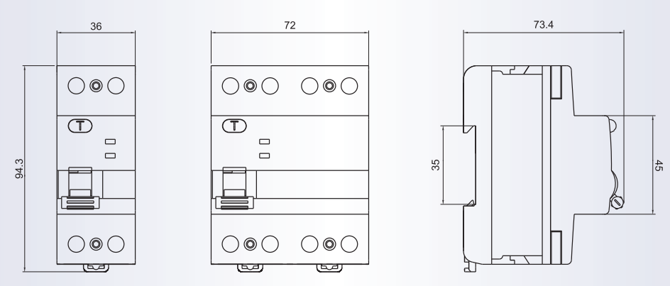 Technical dimension drawing of the residual current circuit breaker