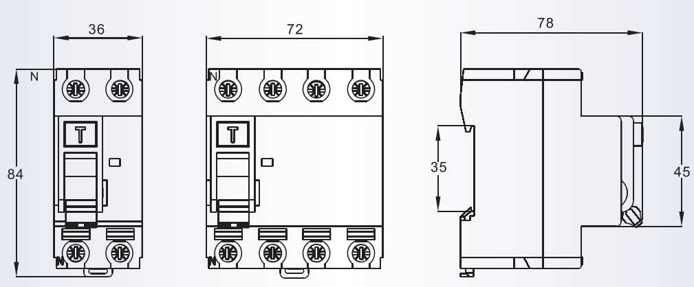 Technical diagram showing dimensions of the residual current circuit breaker