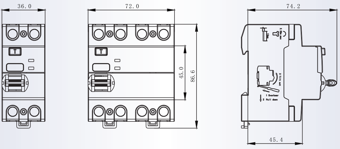 Dimensional diagram of the KNL5-63 circuit breaker showing width, height, and depth measurements.
