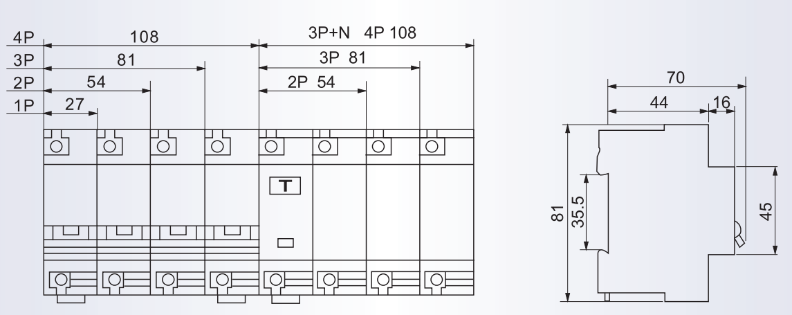 Dimensional drawing of the KNLE1-100 leakage circuit breaker