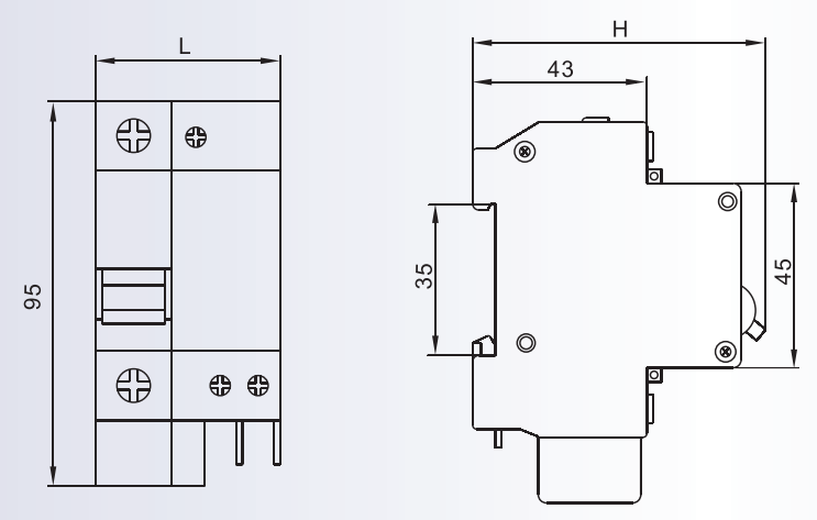 Diagram showing the physical dimensions of the leakage circuit breaker including height and depth measurements.