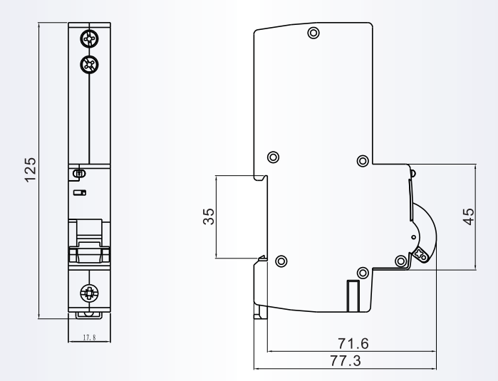 Technical diagram showing the dimensions of the earth leakage circuit breaker