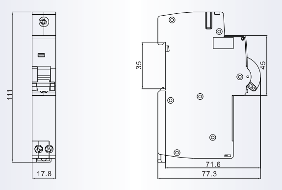 Technical diagram showing the dimensions of the earth leakage circuit breaker including width, height, and depth.