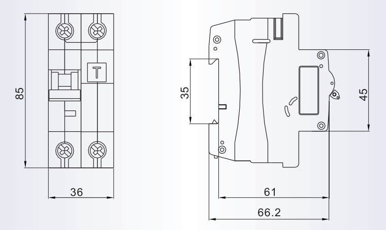 Technical diagram showing dimensions of the RCBO