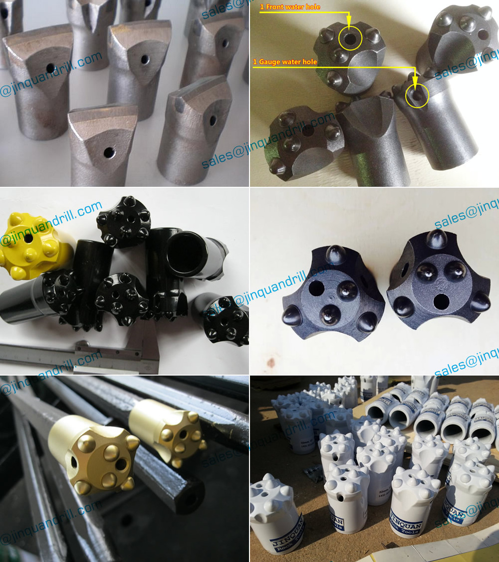 Tapered button drill bit showing water holes for dust removal