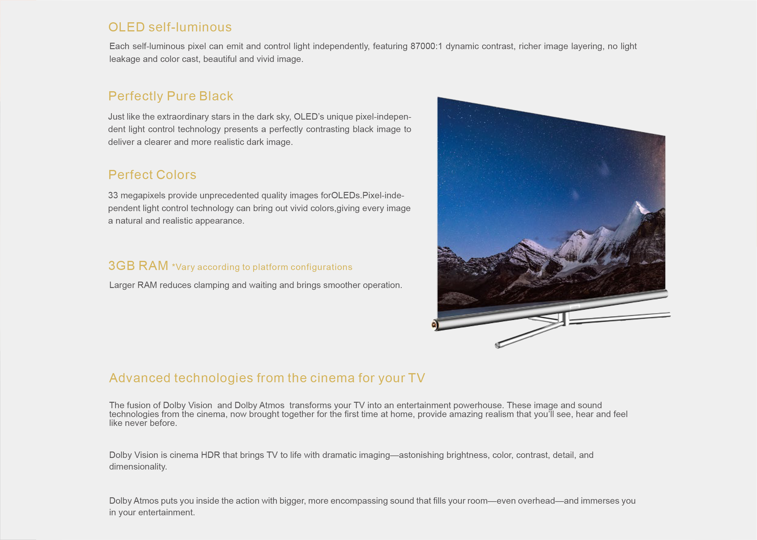 Diagram explaining OLED self-luminous pixel technology and Dolby integration