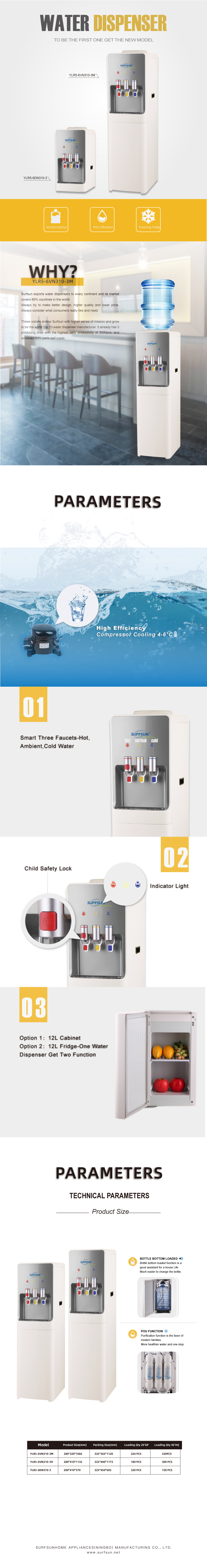 Korean-style water dispenser showing three taps and technical parameters