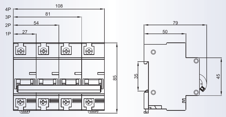 Technical dimension drawing of the DIN rail isolator switch showing front and side profiles.