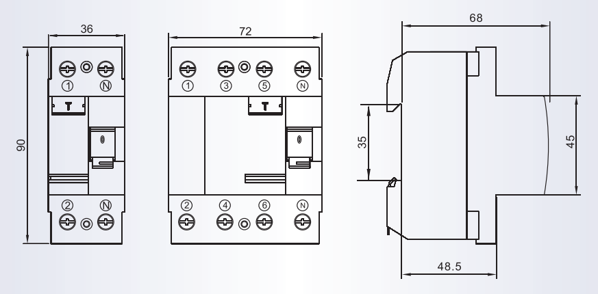 Technical drawing with dimensions for KNL1-63 series circuit breaker
