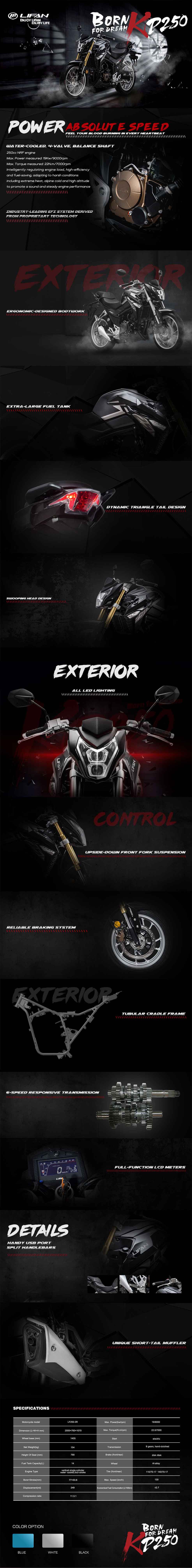Detailed view of the 250cc street motorcycle features and components