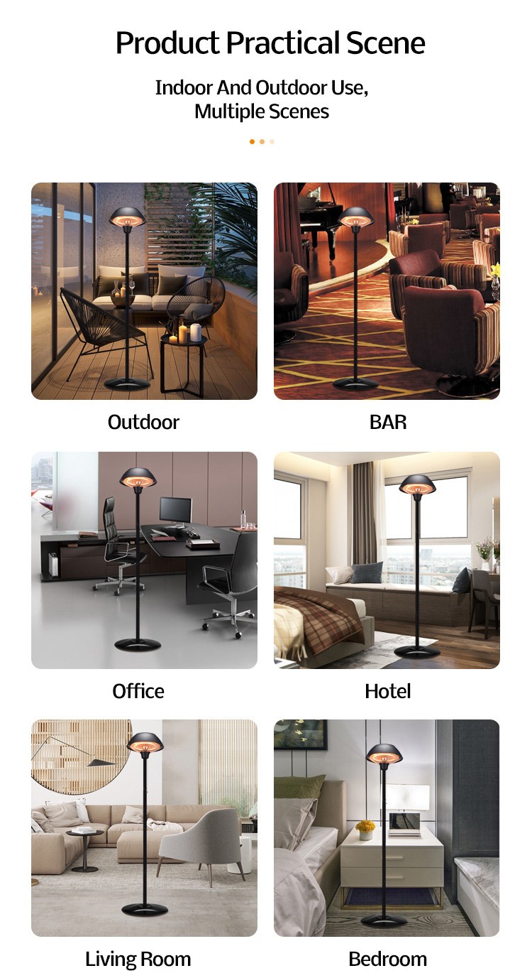 Heater shown in various indoor and outdoor settings