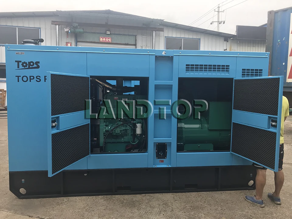 Water-cooled diesel generator set with enclosure doors open