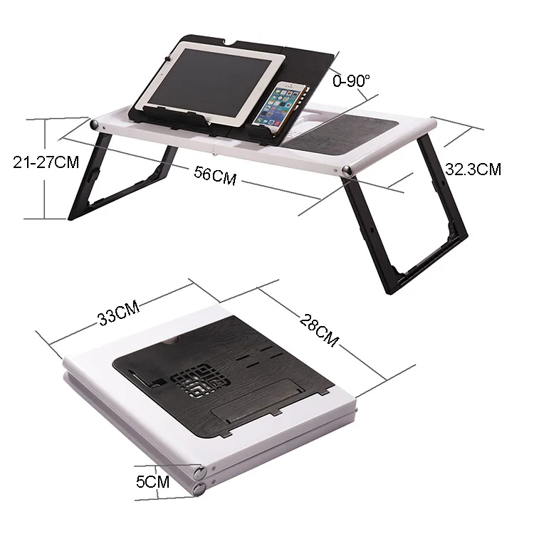 Ergonomic foldable laptop table showing height and tilt measurements