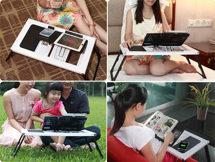 Foldable laptop table with tablet and phone holder