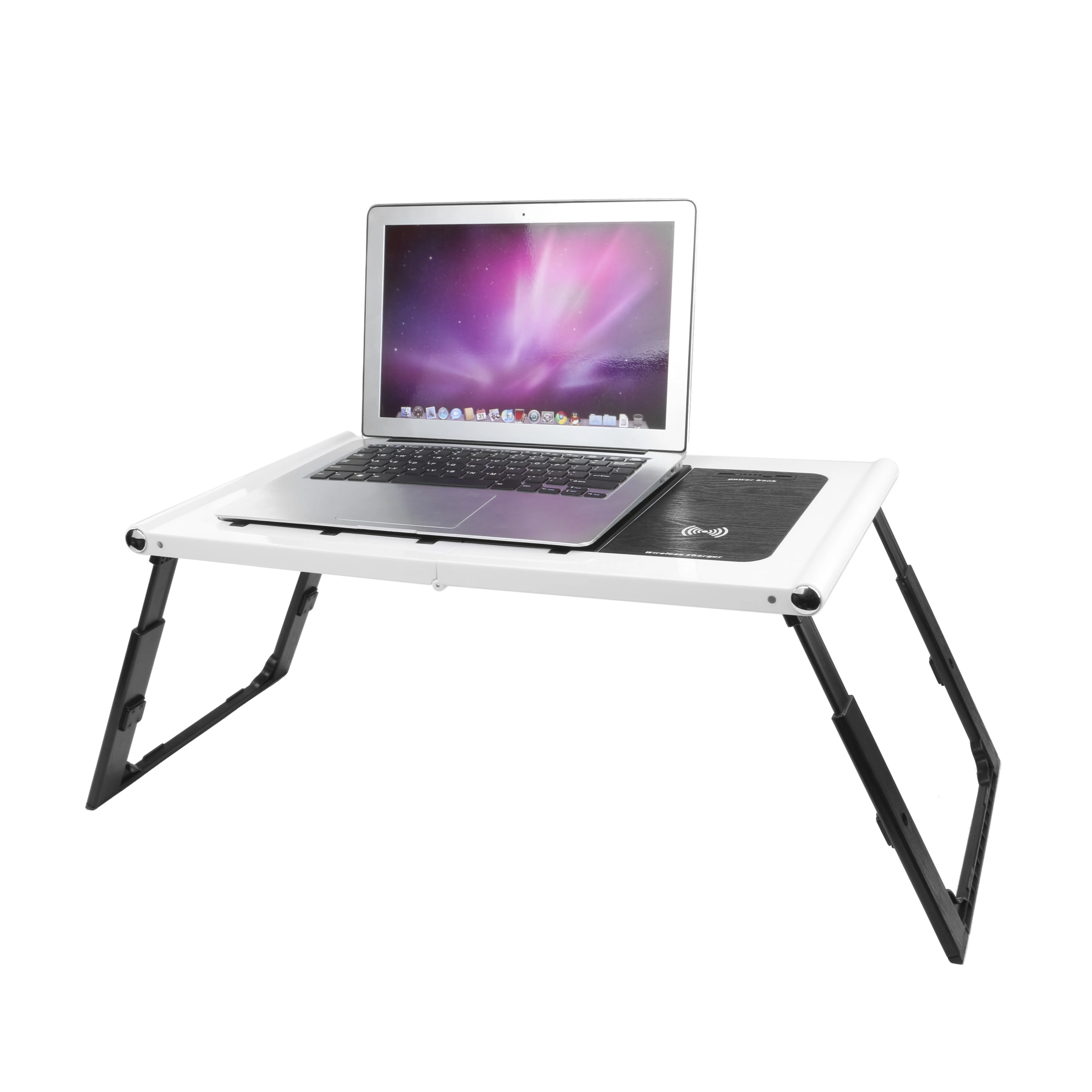 Laptop table with power bank and wireless charger visible.