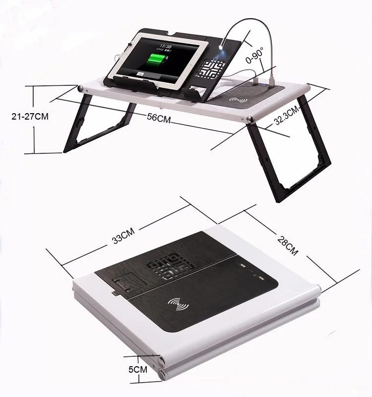 Laptop table dimensions and height adjustment visualization.