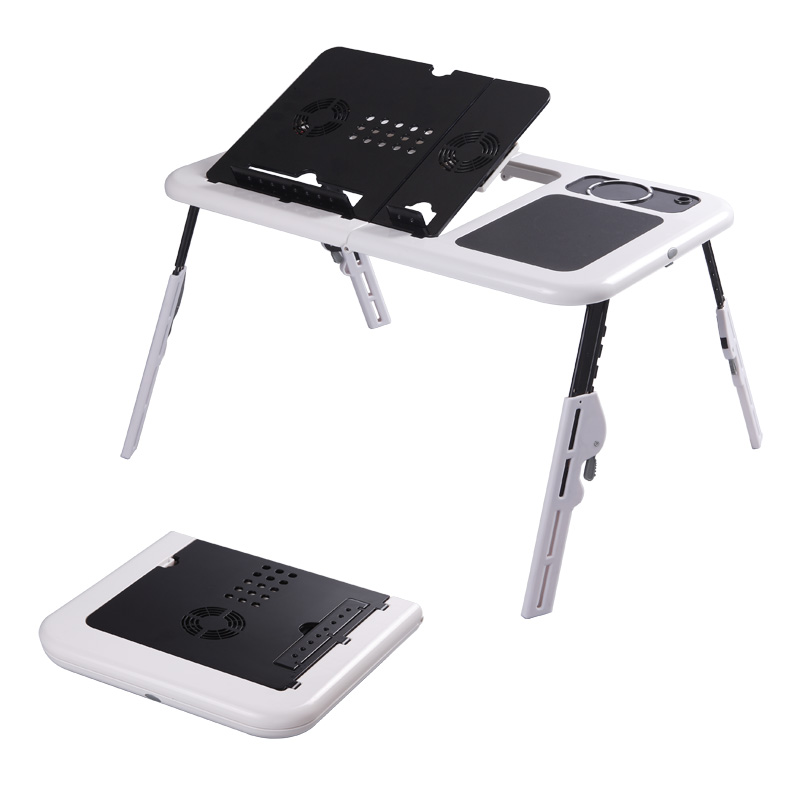 Foldable laptop desk showing cooling fans and mouse platform
