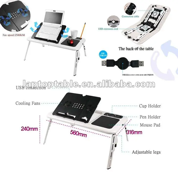 Back view of the laptop table showing USB connectivity and fan structure