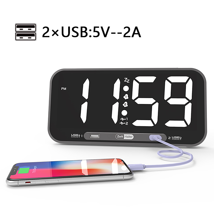 large alarm clock dual alarms 2USB charger ports adjustable dimmer night light - Image 3