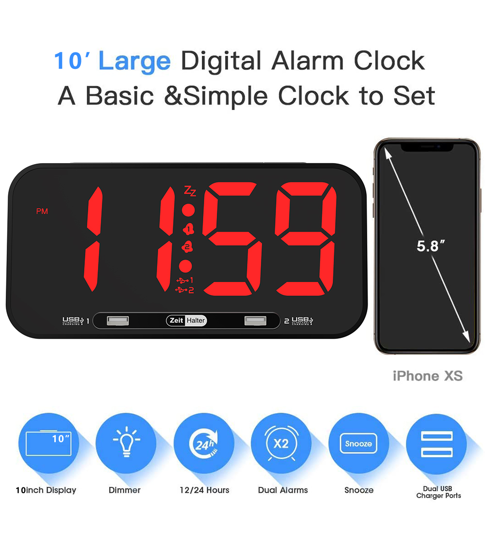 large alarm clock dual alarms 2USB charger ports adjustable dimmer night light - Image 2