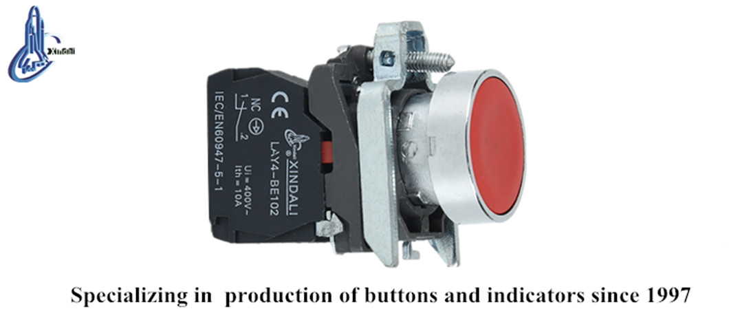 Close up of the flush button switch showing contact terminals and certification markings