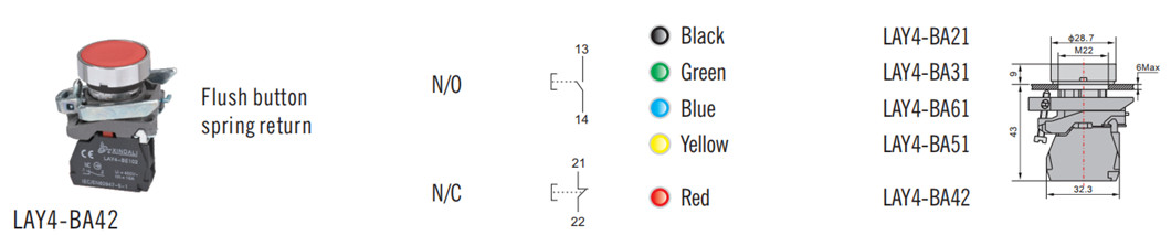 Technical diagram showing mounting dimensions and contact configuration for the flush button switch