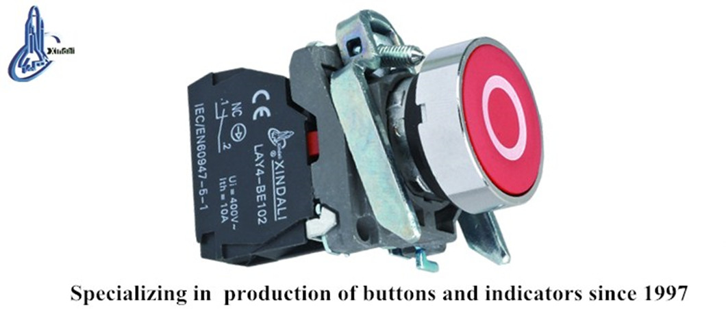 Close up view of the electronic switch button showing terminal markings and certifications