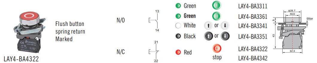 Technical diagram showing button dimensions and mounting specifications