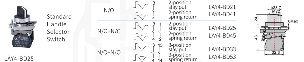 Technical diagram of selector switch dimensions and configurations