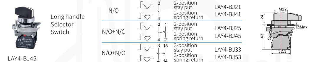 Technical specifications and configuration guide for long handle selector switches