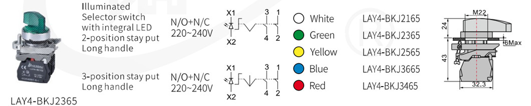 Illuminated selector switch technical diagram showing dimensions and configuration options.