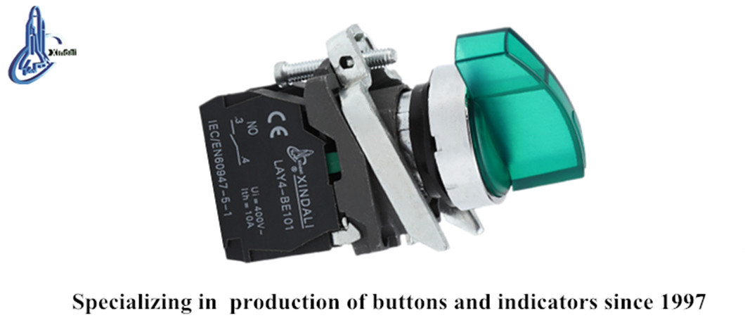Close up of metal pushbutton switch with indicator
