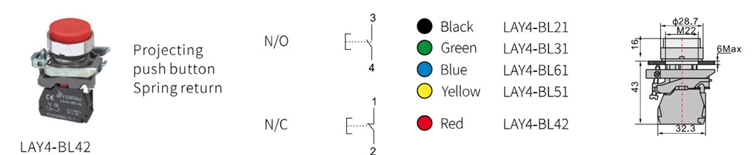 Technical diagram showing dimensions and mounting details for the push button switch