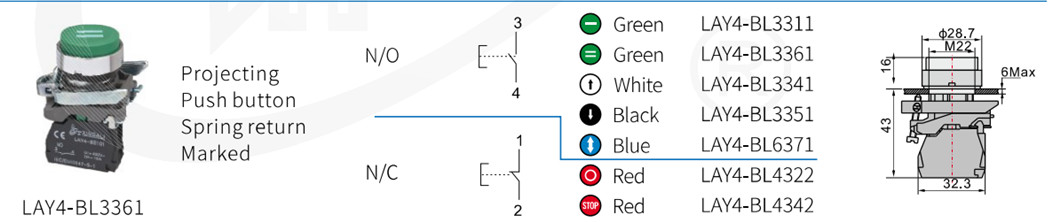 Diagram showing dimensions and contact configuration for the 22mm push button switch