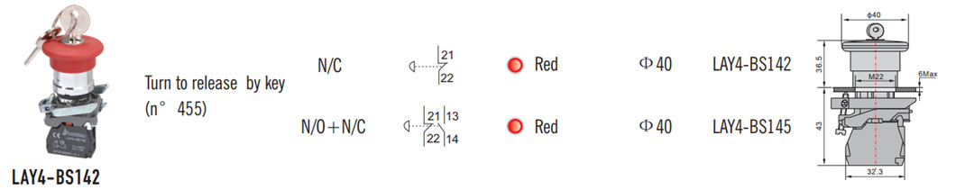 Technical diagram showing dimensions and key release mechanism for the LAY4-BS142 switch