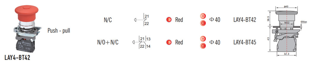 Diagram showing LAY4-BT42 push-pull emergency stop button dimensions and contact configuration.