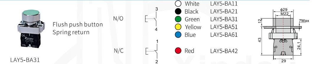 Technical drawing and dimensions for the LAY5-BA31 flush push button.