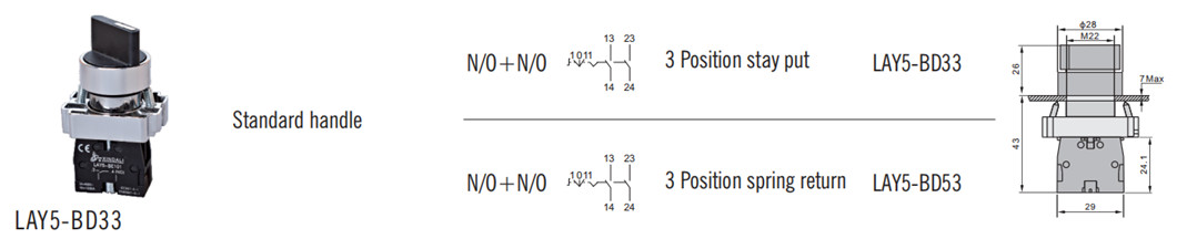 Technical diagram showing dimensions and contact configuration of the 3-position selector switch