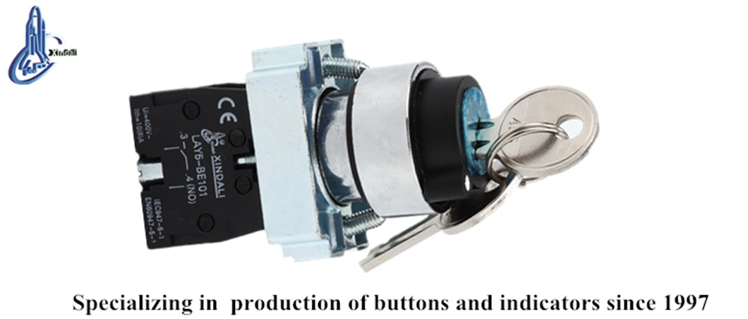Close-up of the key switch component showing terminal markings and build quality.