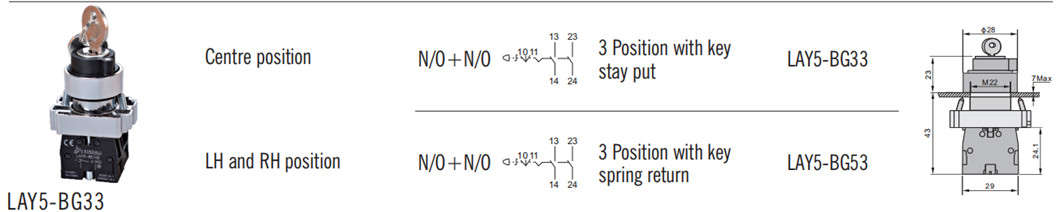 Technical diagram showing the 3-position key switch dimensions and installation requirements.