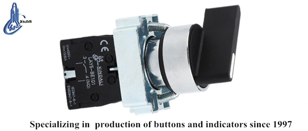 Close up of the switch showing contact block and labeling