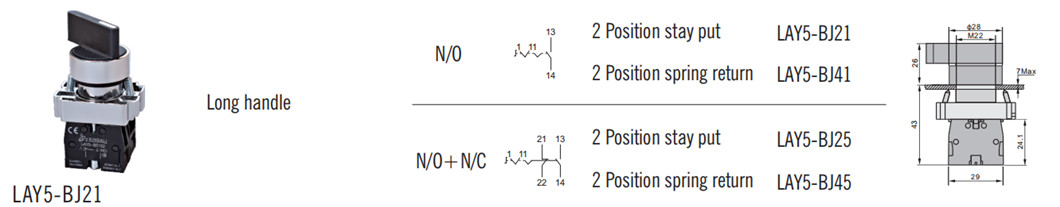 Technical diagram showing dimensions and configuration options for the LAY5-BJ series