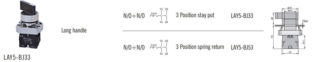 Technical diagram showing dimensions and mounting details for the 3-position selector switch