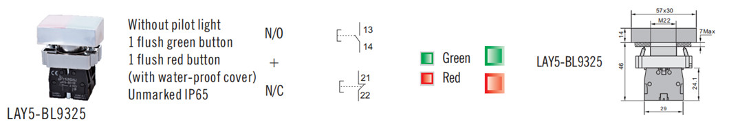 Technical diagram of the double-headed push button showing dimensions and contact configuration